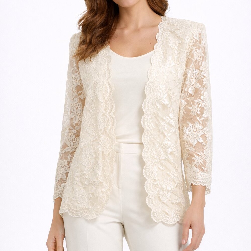 Vintage 80s Cream Lace Jacket Open Front Scalloped Duster XL Boho Chic Cottage